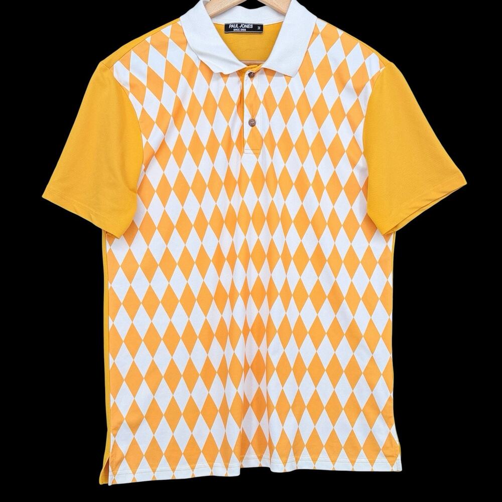 Paul Jones Men’s Argyle Golf Polo Shirt Yellow White Performance Sz M